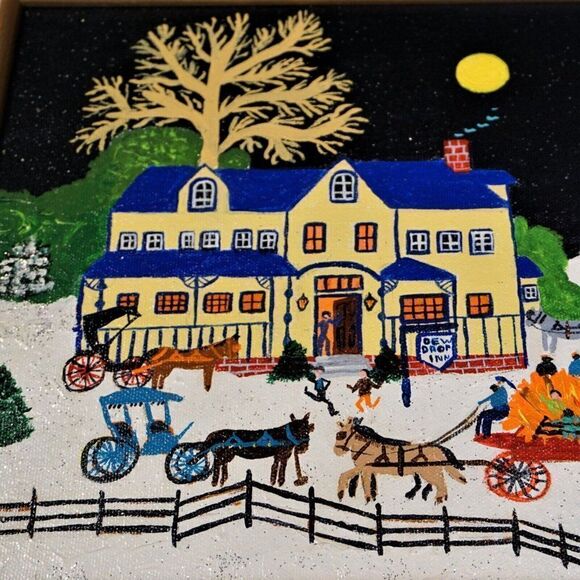 Folk Art Painting Naive Primitive Americana Vintage Art Naif Signed On Canvas - Picture 2 of 11